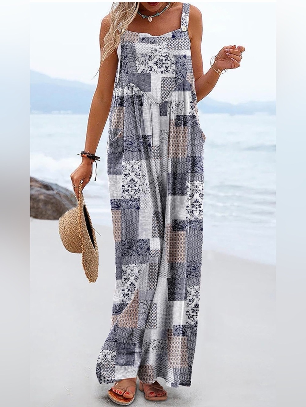 Bohemian Greyscale Patchwork Wide Leg Overalls Adjustable Straps Pockets  2XL